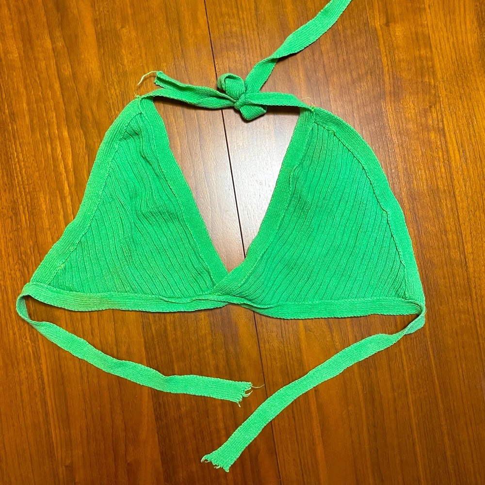 Vintage knit bikini top halter green size S XS small extra small